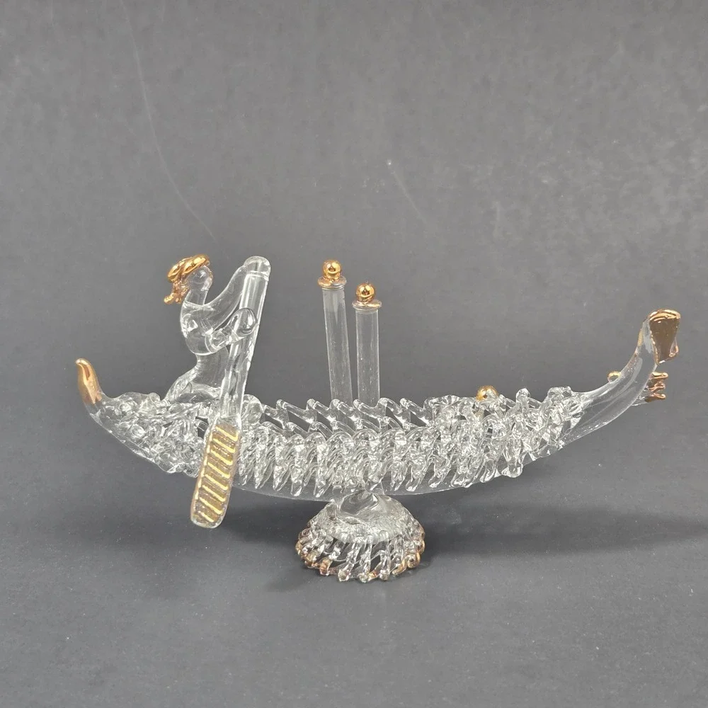 Murano Clear Glass Venetian Gondola Figurine Gold Trim Vintage Decor